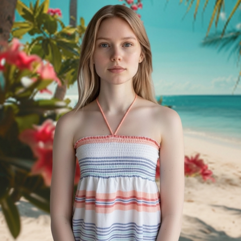 Ron Jon White Smocked Top With Cornflower Blue & Bittersweet Stripes & Tassels
